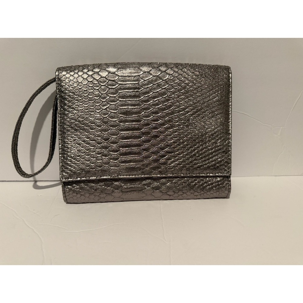 Neiman Marcus Metallic Silver Snakeskin Embossed Wristlet Clutch